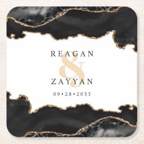 Black And Gold Marble Agate Wedding Square Paper Coaster