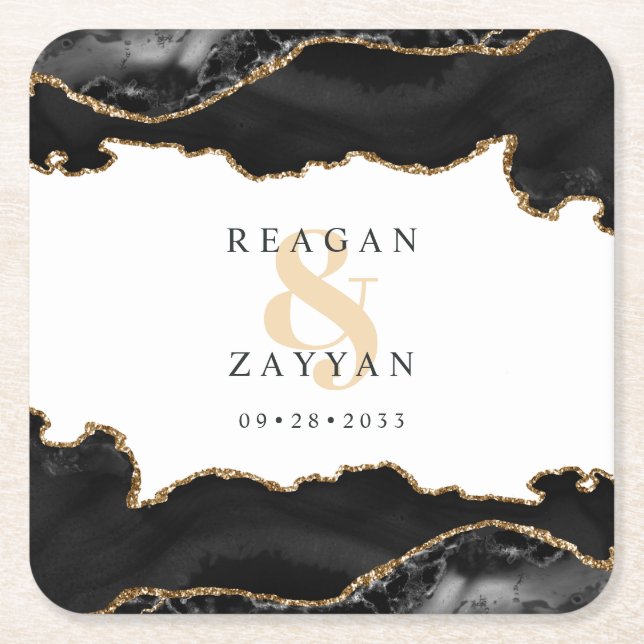 Black And Gold Marble Agate Wedding Square Paper Coaster (Front)