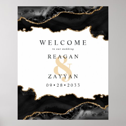 Black And Gold Marble Agate Wedding Welcome Poster