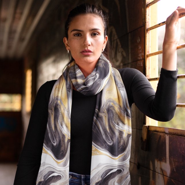 Black And Gold Marble Alcohol Ink Chiffon Scarf (Creator Uploaded)