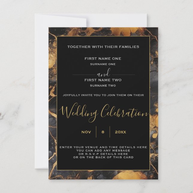 Black and gold marble border wedding invitation (Front)