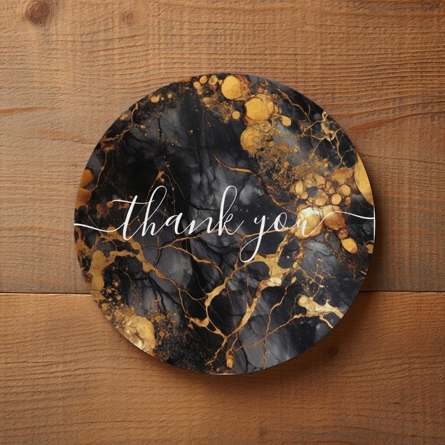 Black and gold marble customer thank you classic round sticker (Black and gold marble thank you sticker with handwritten style script.)