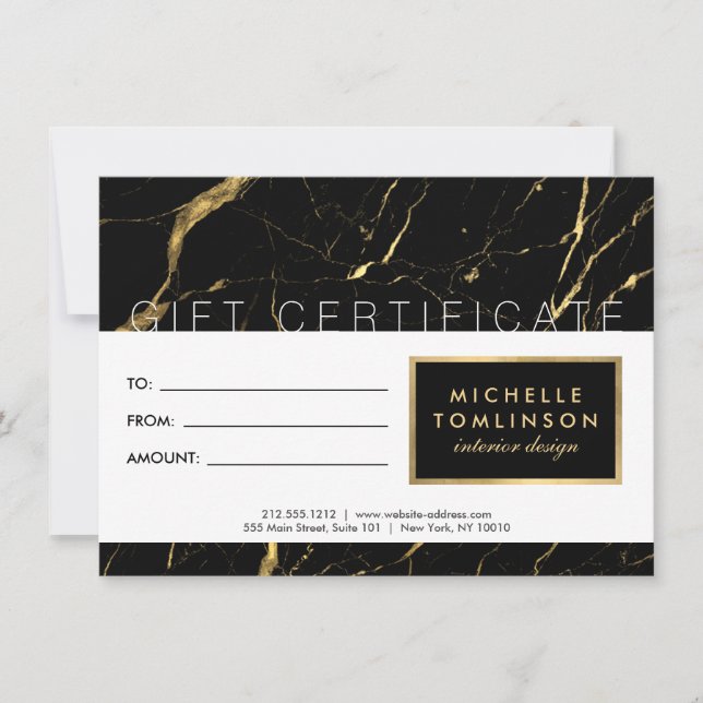 Black and Gold Marble Designer Gift Certificate (Front)