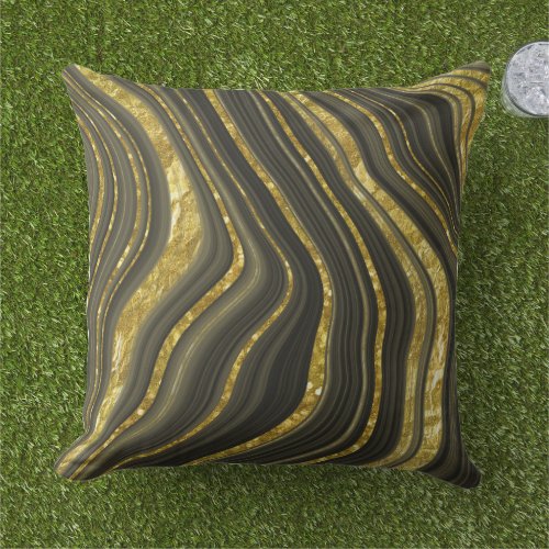 Black and Gold Marble Look Pattern   Outdoor Pillow