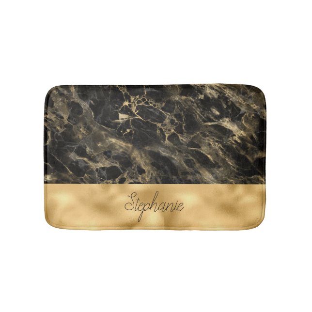 Black and Gold Marble Monogram Bath Mat (Front)