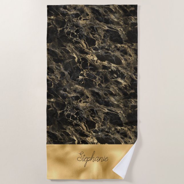 Black and Gold Marble Monogram Beach Towel (Front)