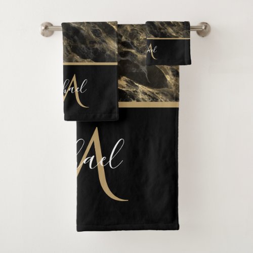 Black and Gold Marble Monogram Elegant Luxury Bath Towel Set