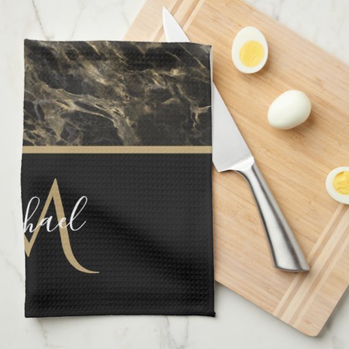 Black and Gold Marble Monogram Elegant Luxury Kitchen Towel | Zazzle