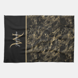 Black and Gold Marble Monogram Elegant Luxury Kitchen Towel | Zazzle