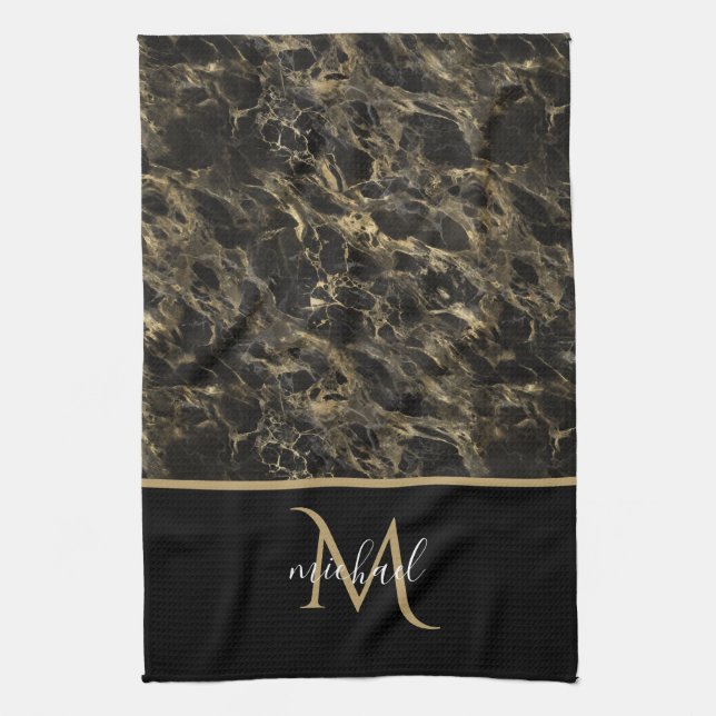 Black and Gold Marble Monogram Elegant Luxury Kitchen Towel (Vertical)