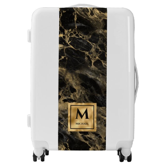 Black and Gold Marble Monogram Elegant Luxury Luggage (Front)