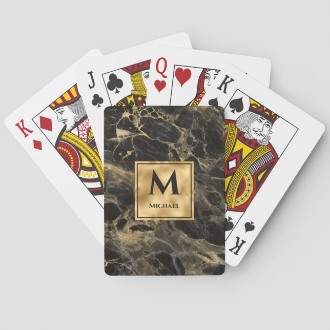 Black and Gold Marble Monogram Elegant Luxury Poker Cards (Back)