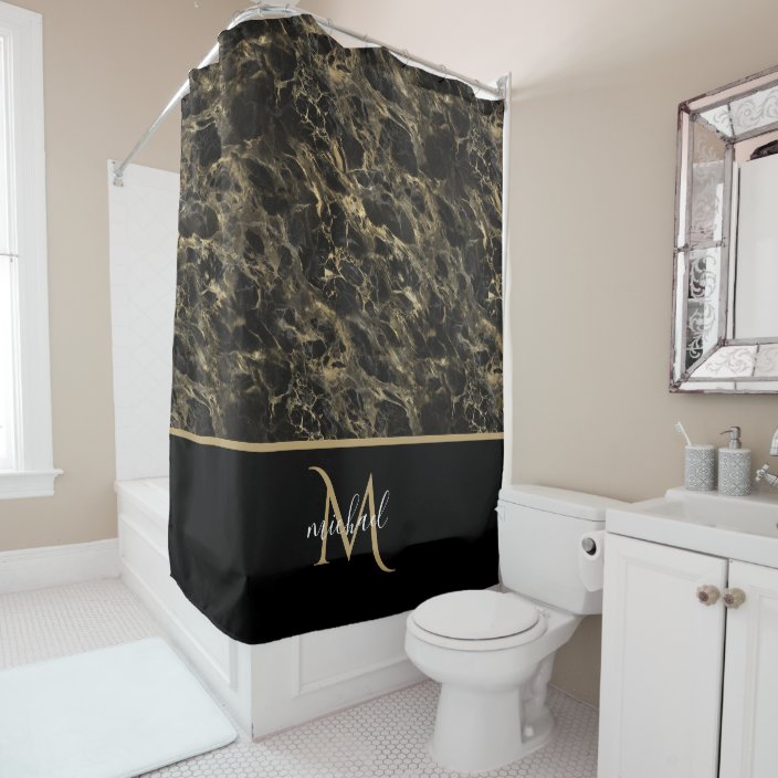 Black and Gold Marble Monogram Elegant Luxury Shower Curtain