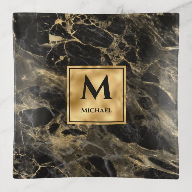 Black and Gold Marble Monogram Elegant Luxury Trinket Tray (Front)