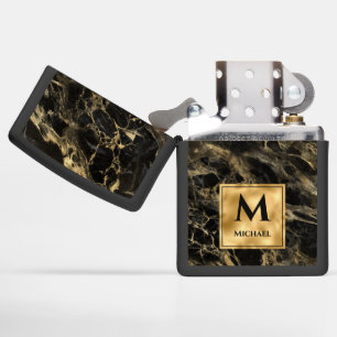 Black and Gold Marble Monogram Elegant Luxury  Zippo Lighter