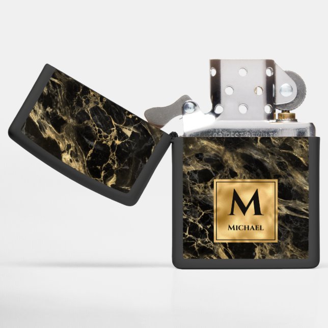 Black and Gold Marble Monogram Elegant Luxury  Zippo Lighter (Opened)