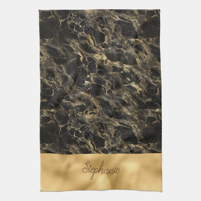 Black and Gold Marble Monogram Kitchen Towel (Vertical)