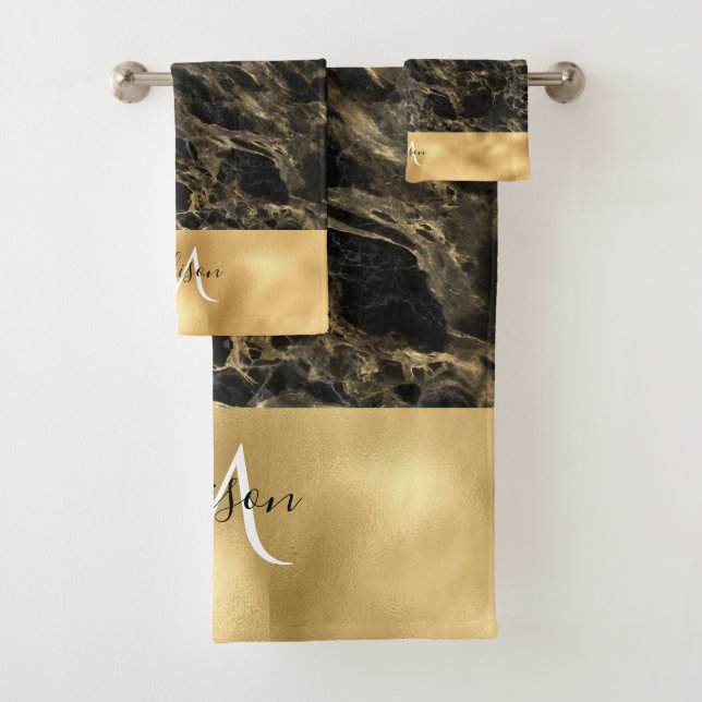 Black and Gold Marble Monogram Shower Curtain Bath Towel Set (Insitu)