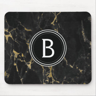 Black and Gold Marble Monogrammed Modern Mouse Pad