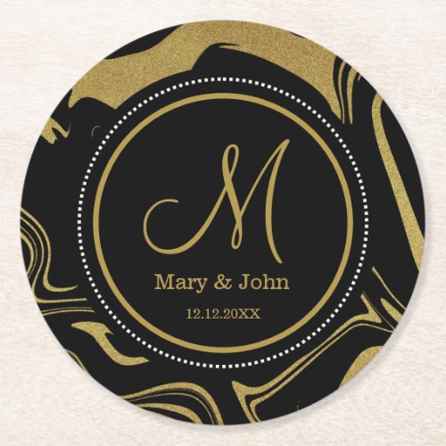 Black And Gold Marble Pattern  Wedding Monogram Round Paper Coaster