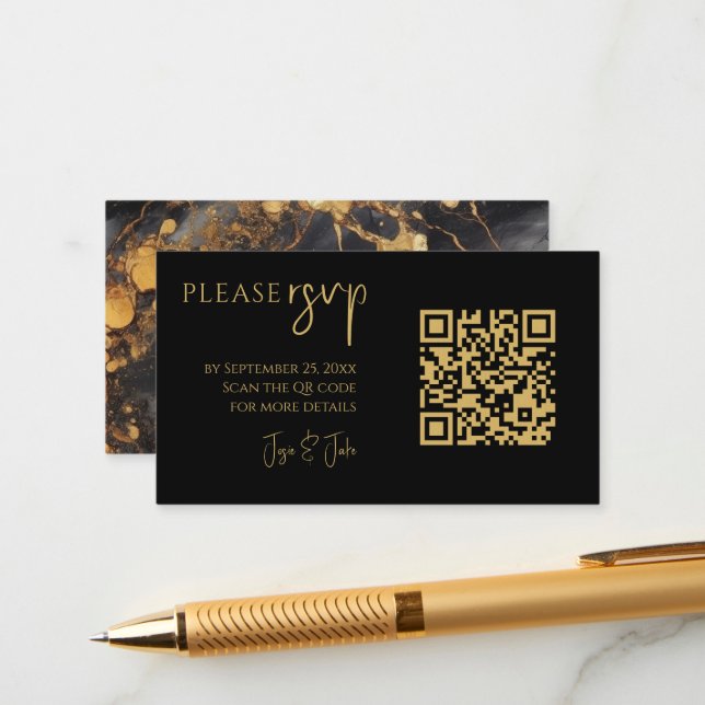 Black and gold marble QR code for weddings RSVP Enclosure Card (Front/Back In Situ)