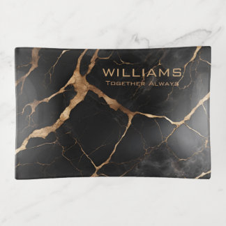 Black and Gold Marble Stone Personalized Trinket Tray