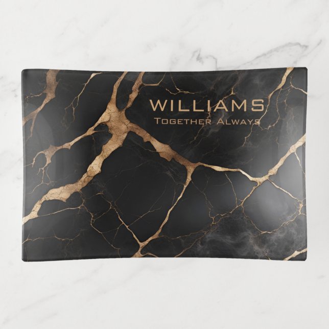 Black and Gold Marble Stone Personalized Trinket Tray (Front)