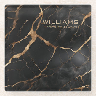 Black and Gold Marble Texture Personalized Glass Coaster