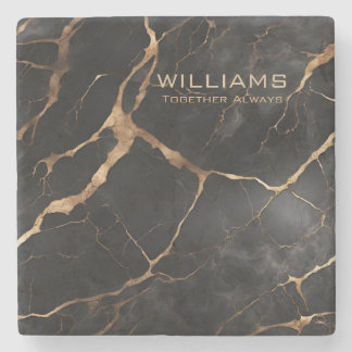Black and Gold Marble Texture Personalized Stone Coaster