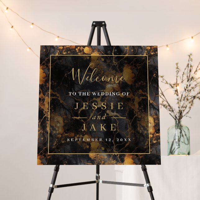 Black and gold marble Wedding Welcome sign (In Situ (Stand))