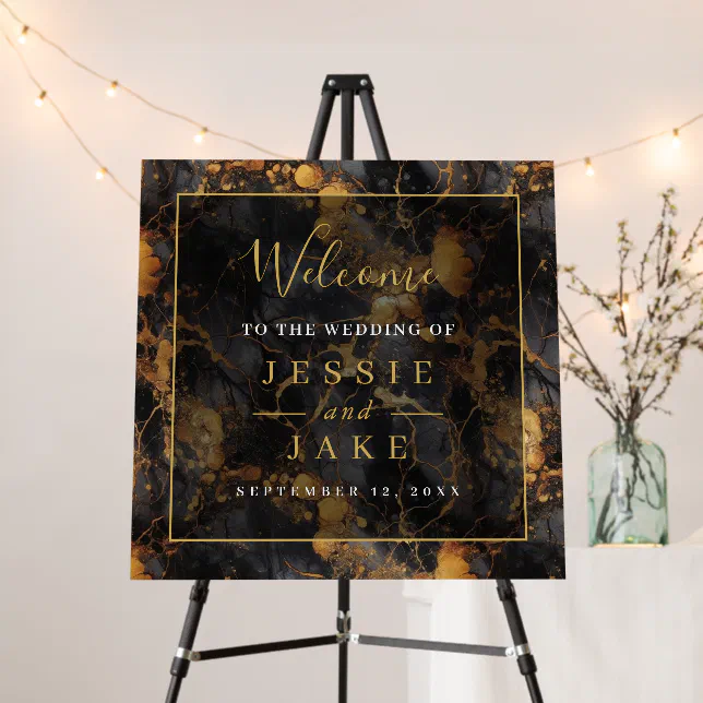 Black and gold marble Wedding Welcome sign | Zazzle