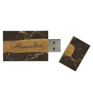 Black and Gold Marble with Gold Foil and Glitter Wood USB Flash Drive