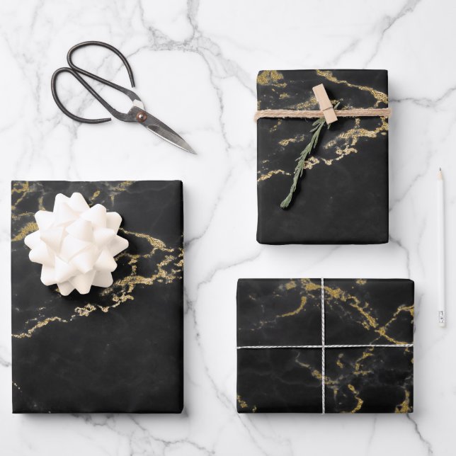 Black and Gold Marble Wrapping Paper Sheets (Front)