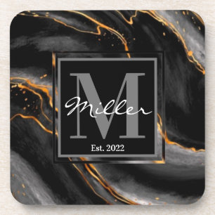 Black and Gold Marbled Newlywed Housewarming Beverage Coaster