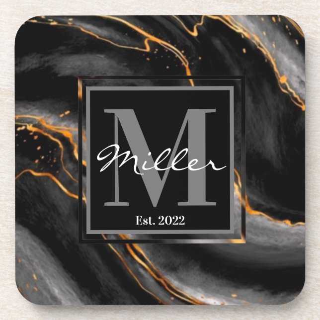 Black and Gold Marbled Newlywed Housewarming   Beverage Coaster (Front)