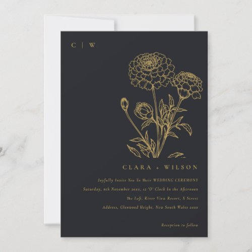 Black And Gold Marigold Floral Sketch Wedding Invitation