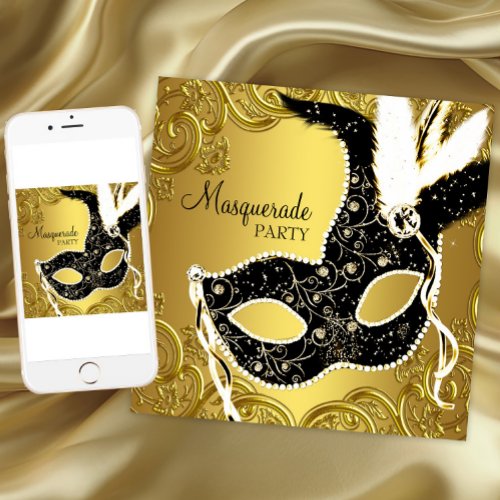 Black and Gold Mask Masquerade Party Invitation