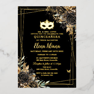Black and Gold Masquerade Ball Mask Quinceañera Foil Invitation