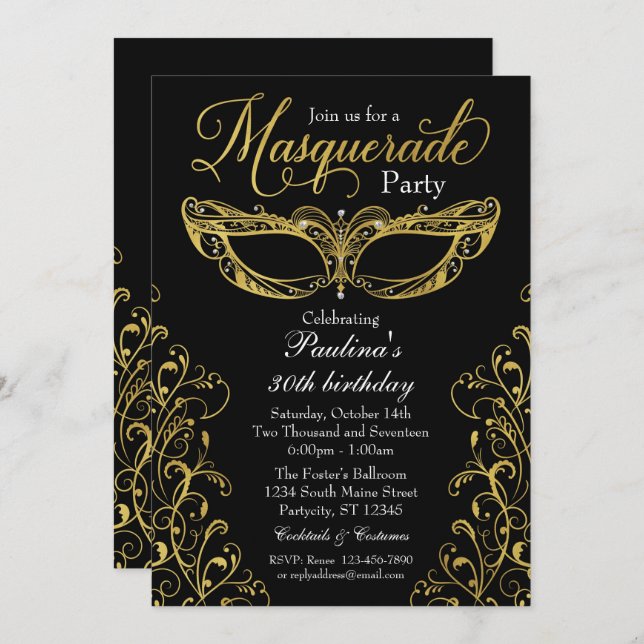 Black and Gold Masquerade Mask Party Invitation (Front/Back)