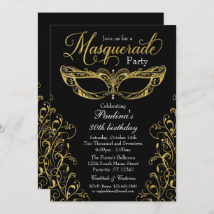 Black and Gold Masquerade Mask Party Invitation