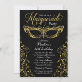 Black and Gold Masquerade Mask Party Invitation (Front)