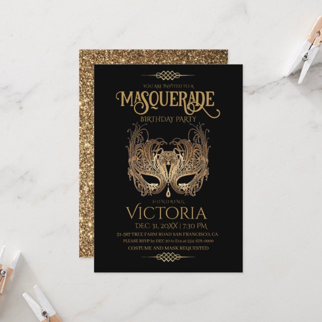 Black and Gold Masquerade Party Birthday Invitation (Front/Back In Situ)