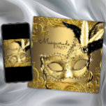 Black and Gold Masquerade Party Invitation<br><div class="desc">Black and gold masquerade party invitation with elegant black and gold feather mask on a beautiful black and gold swirl background. This beautiful and elegant black and gold masquerade party invitation is easily customized for your event by adding your event details, font style, font size & color, and wording. This...</div>