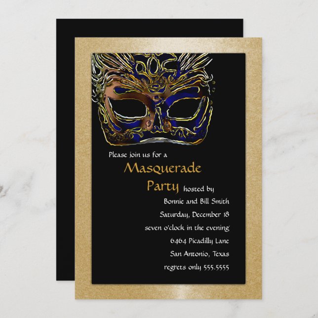 Black and Gold Masquerade Party Invitation (Front/Back)