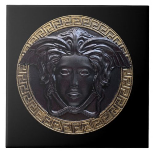 Black and Gold Medusa Wall Tile with Greek Key