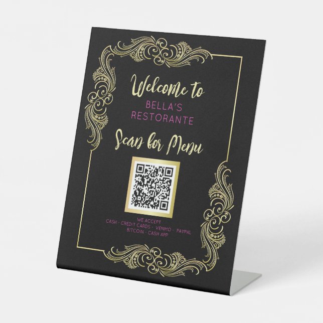 Black and Gold Menu Restaurant QR Code Table Sign (Front)