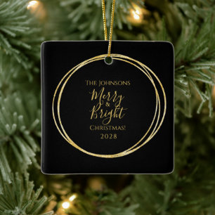 Black and Gold Merry and Bright Ceramic Ornament