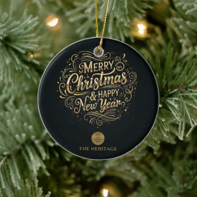 Black and Gold Merry Christmas & Happy New Year  Ceramic Ornament (Tree)