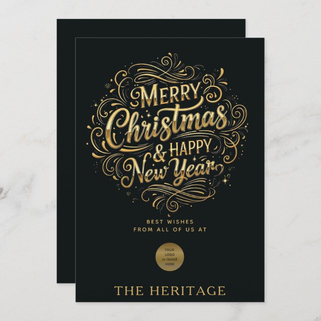 Black and Gold Merry Christmas & Happy New Year  Holiday Card (Front/Back)