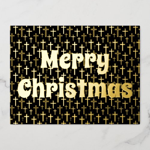 Black and gold Merry Christmas Jesus cross elegant Foil Holiday Postcard